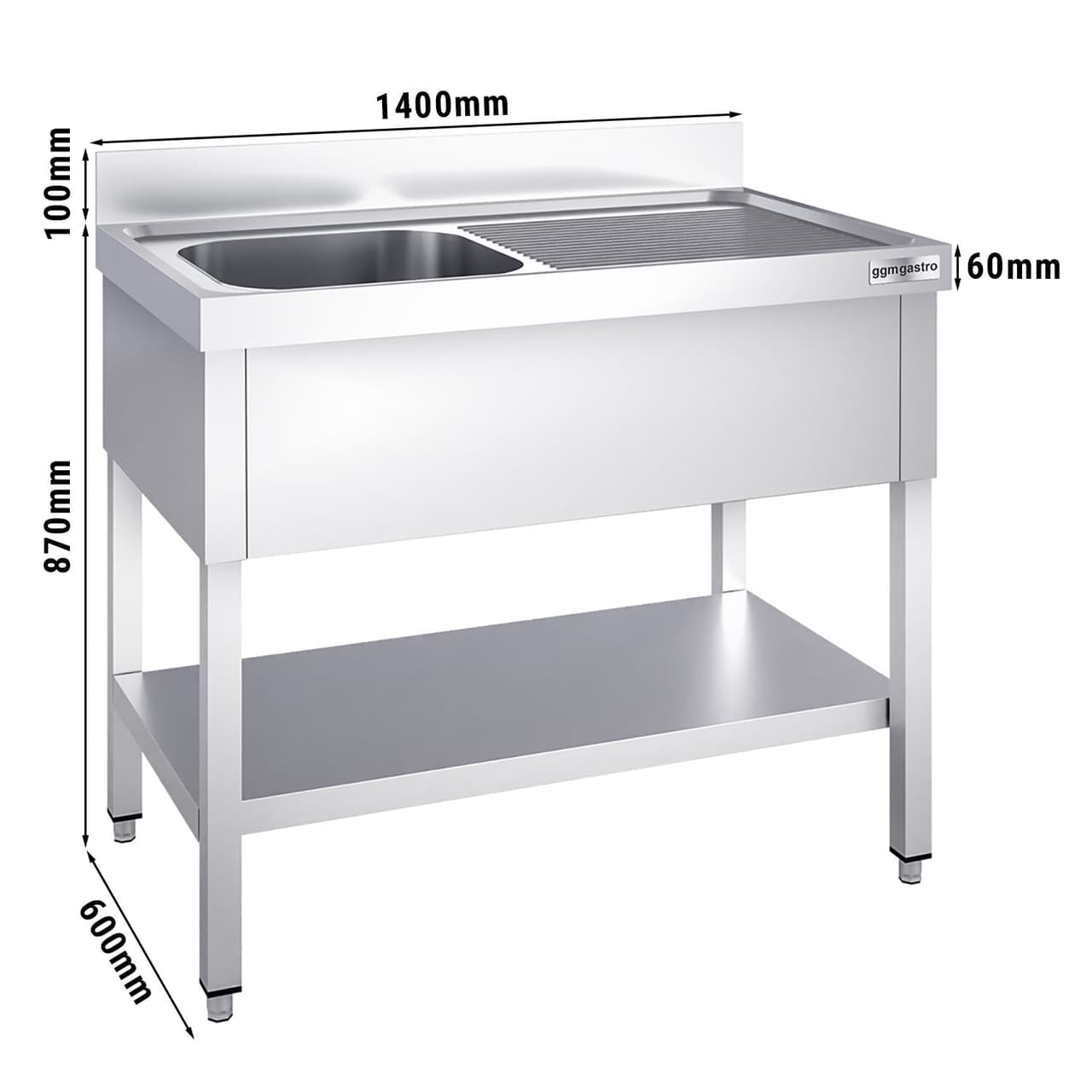 Spültisch PREMIUM - 1400x600mm - mit Grundboden & 1 Becken links