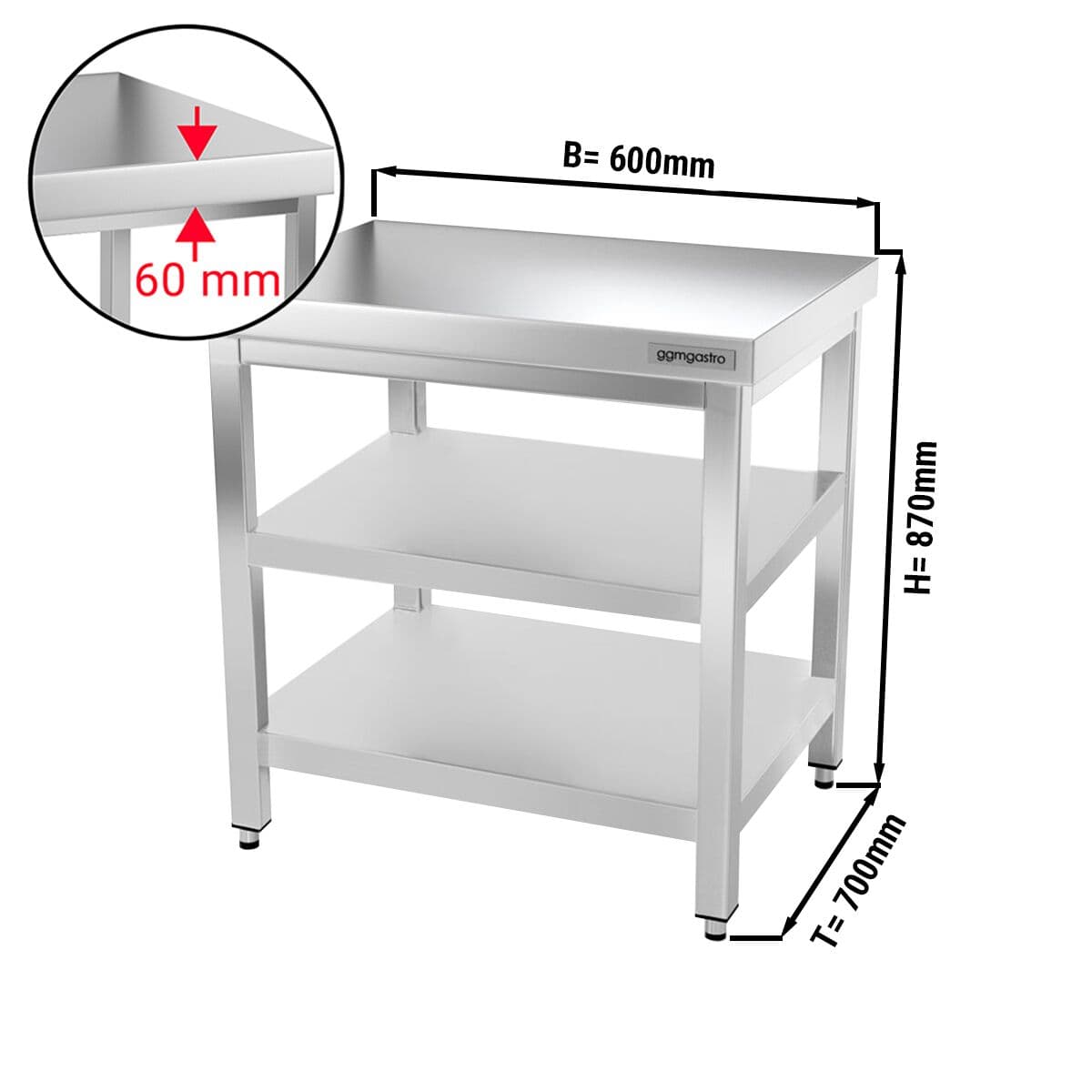 Edelstahl Arbeitstisch PREMIUM - 600x700mm - mit Grundboden & Zwischenboden