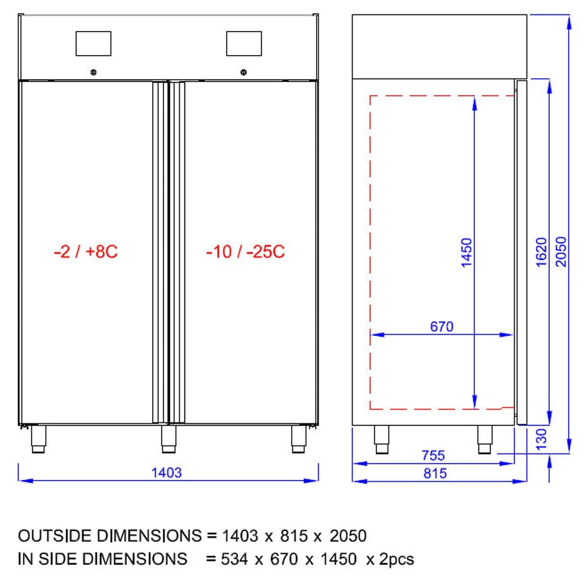 Kühl- & Tiefkühlkombination PREMIUM- GN 2/1 - 1400 Liter - 2 Türen