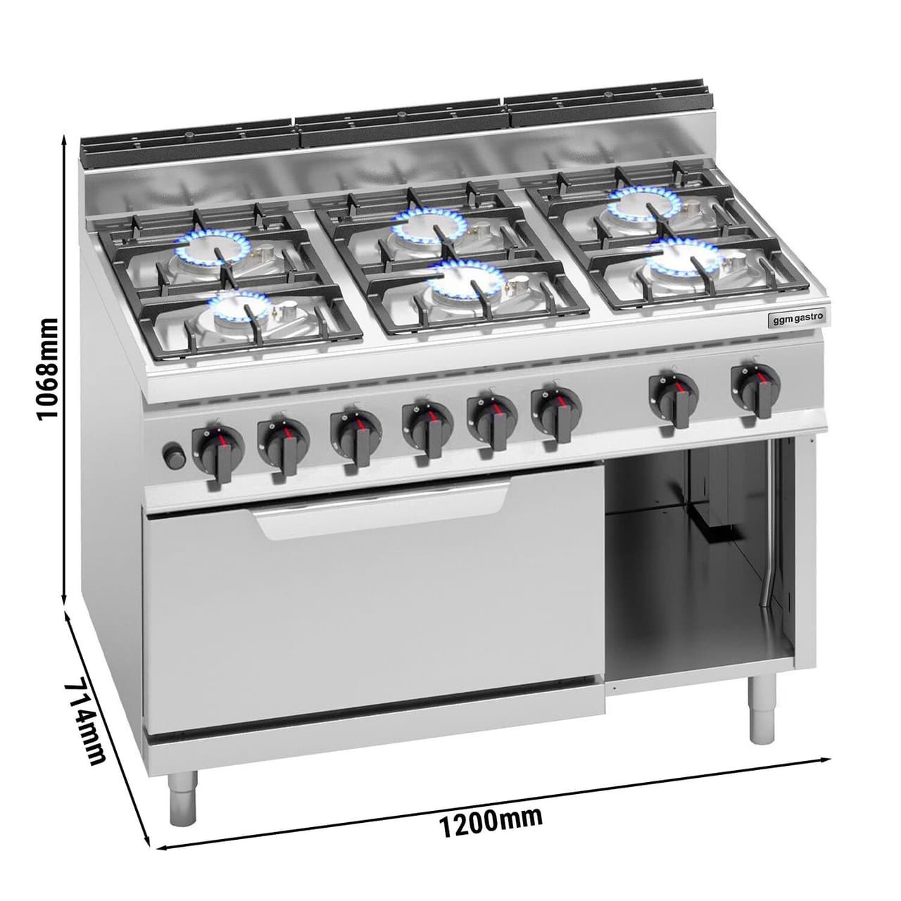 Gasherd - 33,5 kW - 6 Brenner - inkl. Gasbackofen - 7,8 kW