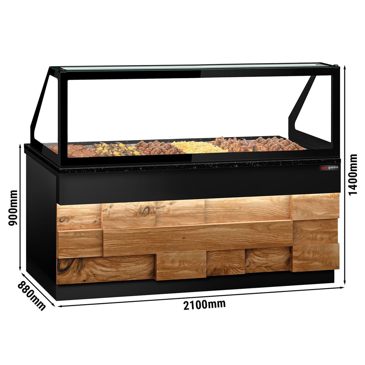 Warmhaltetheke TORONTO - 2100mm - Holzfront - für 6x GN 1/1 - schwarze Granit-Arbeitsplatte