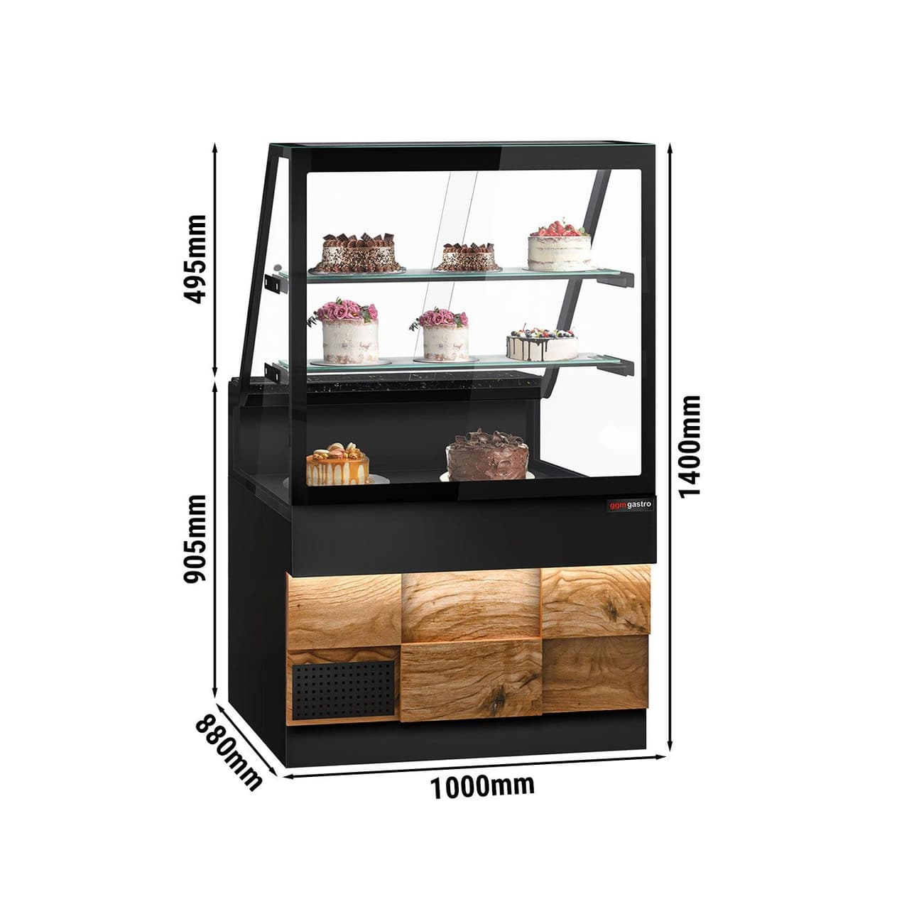 Kühltheke TORONTO - 1000mm - Doppelverglasung - Holzfront - 2 Ablagen - schwarze Granit-Arbeitsplatte