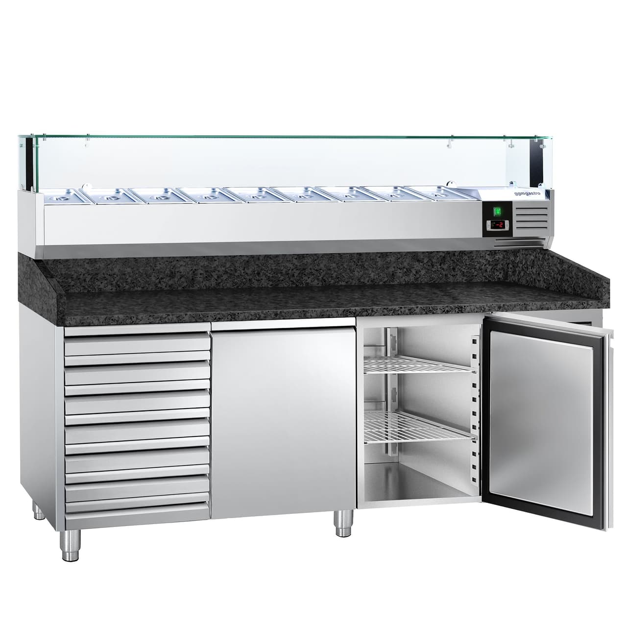 Pizzakühltisch PREMIUM - 2000x800mm - mit 2 Türen & 7 Schubladen - inkl. Kühlaufsatzvitrine LED - 9x GN 1/3