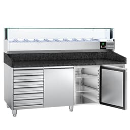 Pizzakühltisch PREMIUM - 2000x800mm - mit 2 Türen & 7 Schubladen - inkl. Kühlaufsatzvitrine LED - 9x GN 1/3