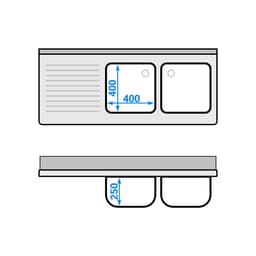 Spülschrank - 1400x600mm - mit Abfallbehälter & 2 Becken rechts