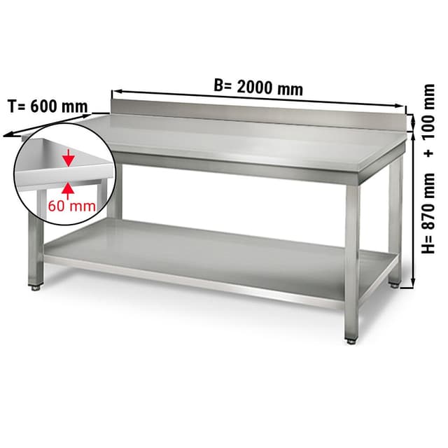 Edelstahl Arbeitstisch ECO - 2000x600mm - mit Grundboden & Aufkantung