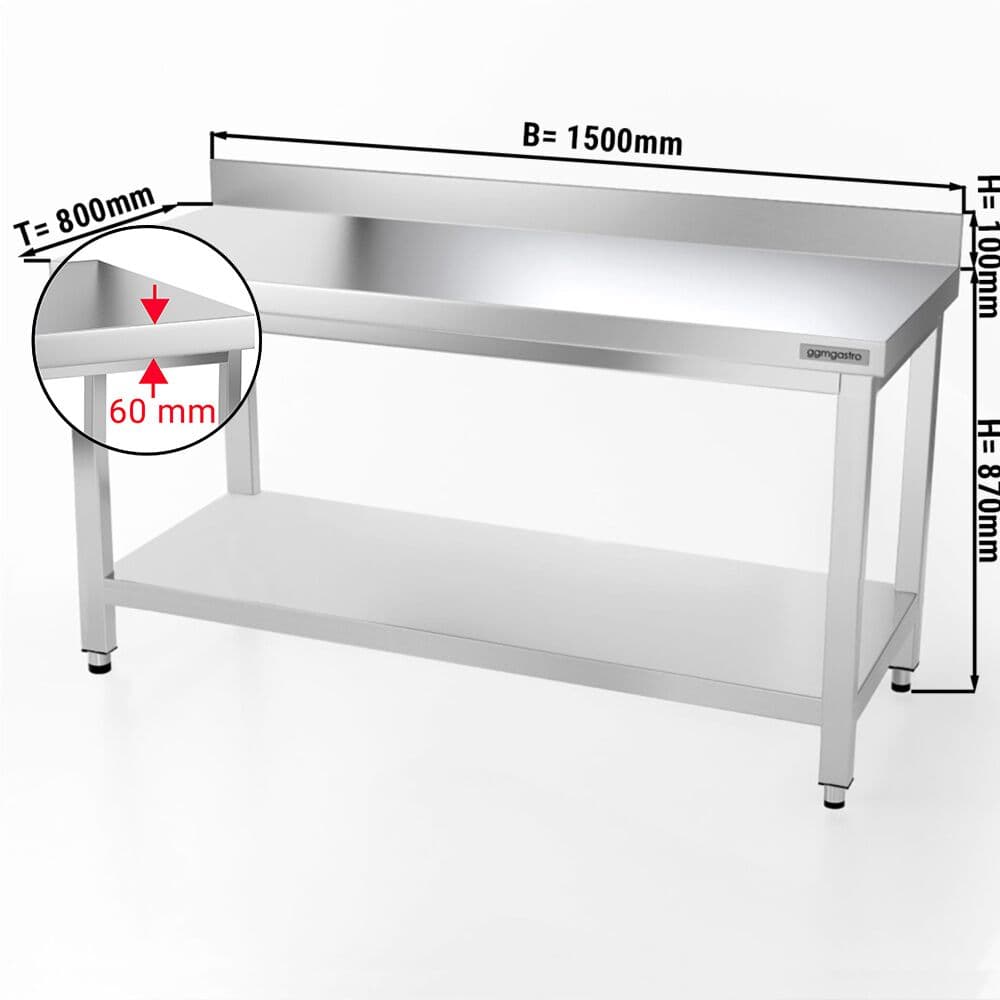 Edelstahl Arbeitstisch PREMIUM - 1500x800mm - mit Grundboden & Aufkantung