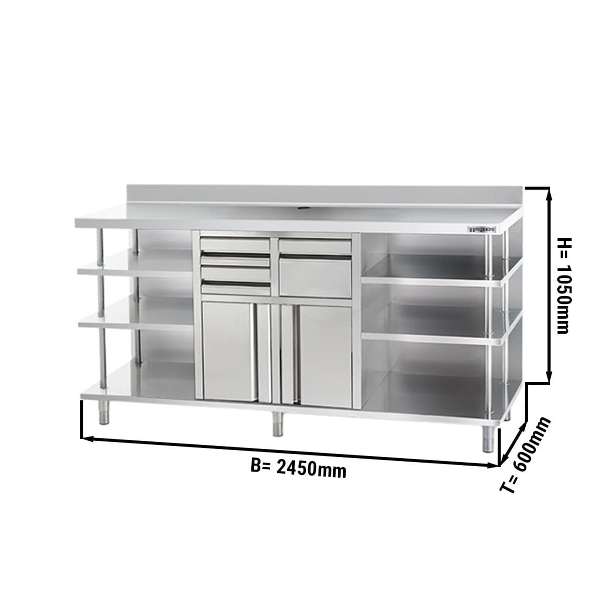 Arbeitsschrank - für Kaffeemaschine - 2450x600mm - mit Ausklopfer, 2 Schubladen, 2 Türen & Aufkantung