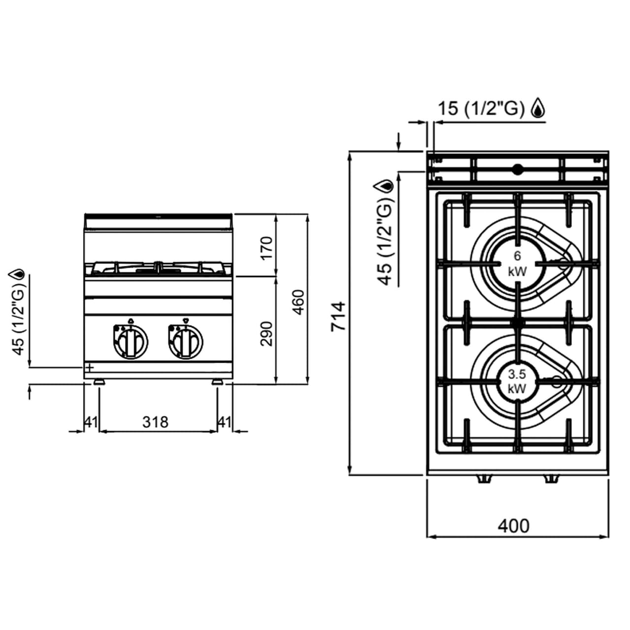 Gasherd - 9,5 kW - 2 Brenner