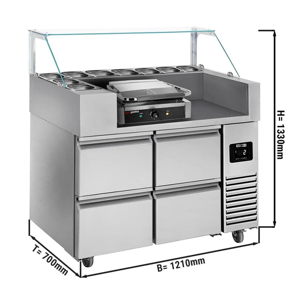 Zubereitungstisch - 1210mm - 4 Schubladen - für 9x GN 1/6 - inkl. Kontaktgrill