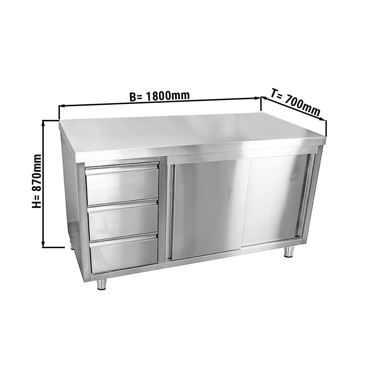 Edelstahl Arbeitsschrank ECO - 1800x700mm - mit 3 Schubladen links ohne Aufkantung