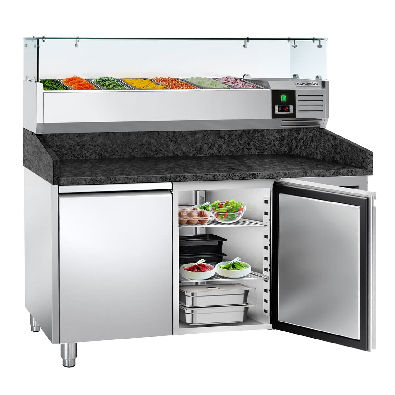 Pizzakühltisch PREMIUM - 1500x800mm - mit 2 Türen - inkl. Kühlaufsatzvitrine - 6x GN 1/3