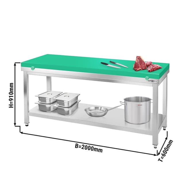 Edelstahl Arbeitstisch PREMIUM - 2000x600mm - mit Grundboden ohne Aufkantung inkl. Schneideplatte