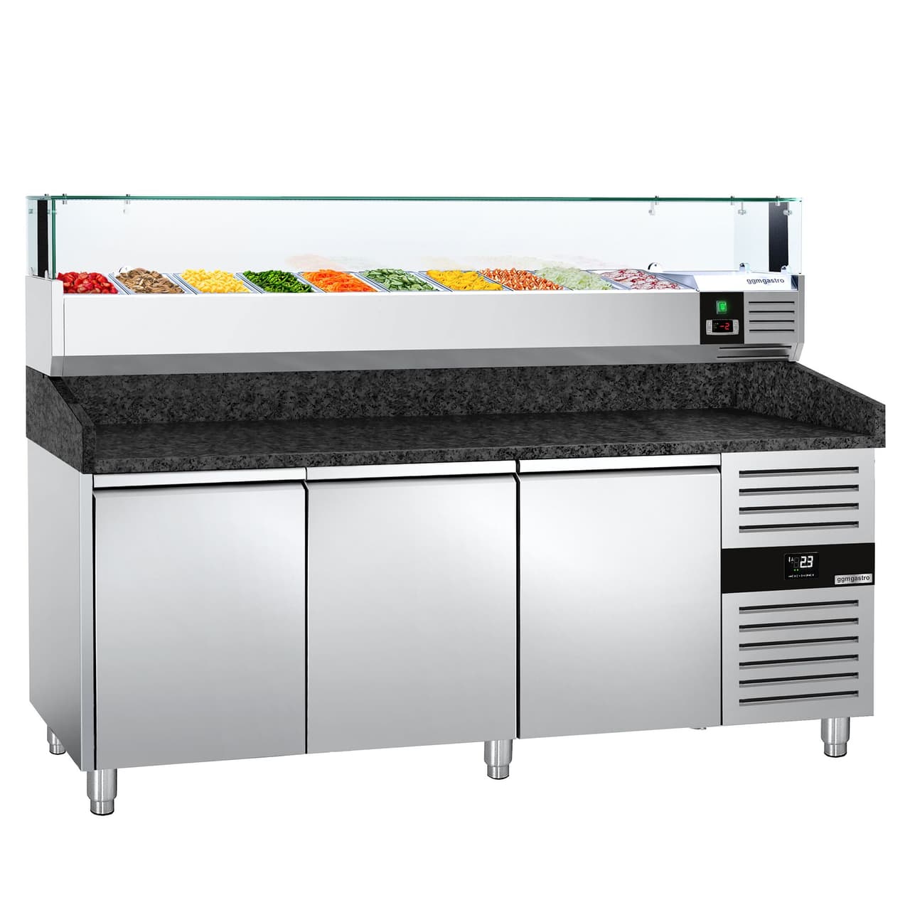 Pizzakühltisch PREMIUM - 2000x800mm - mit 3 Türen - inkl. Kühlaufsatzvitrine LED - 10x GN 1/4