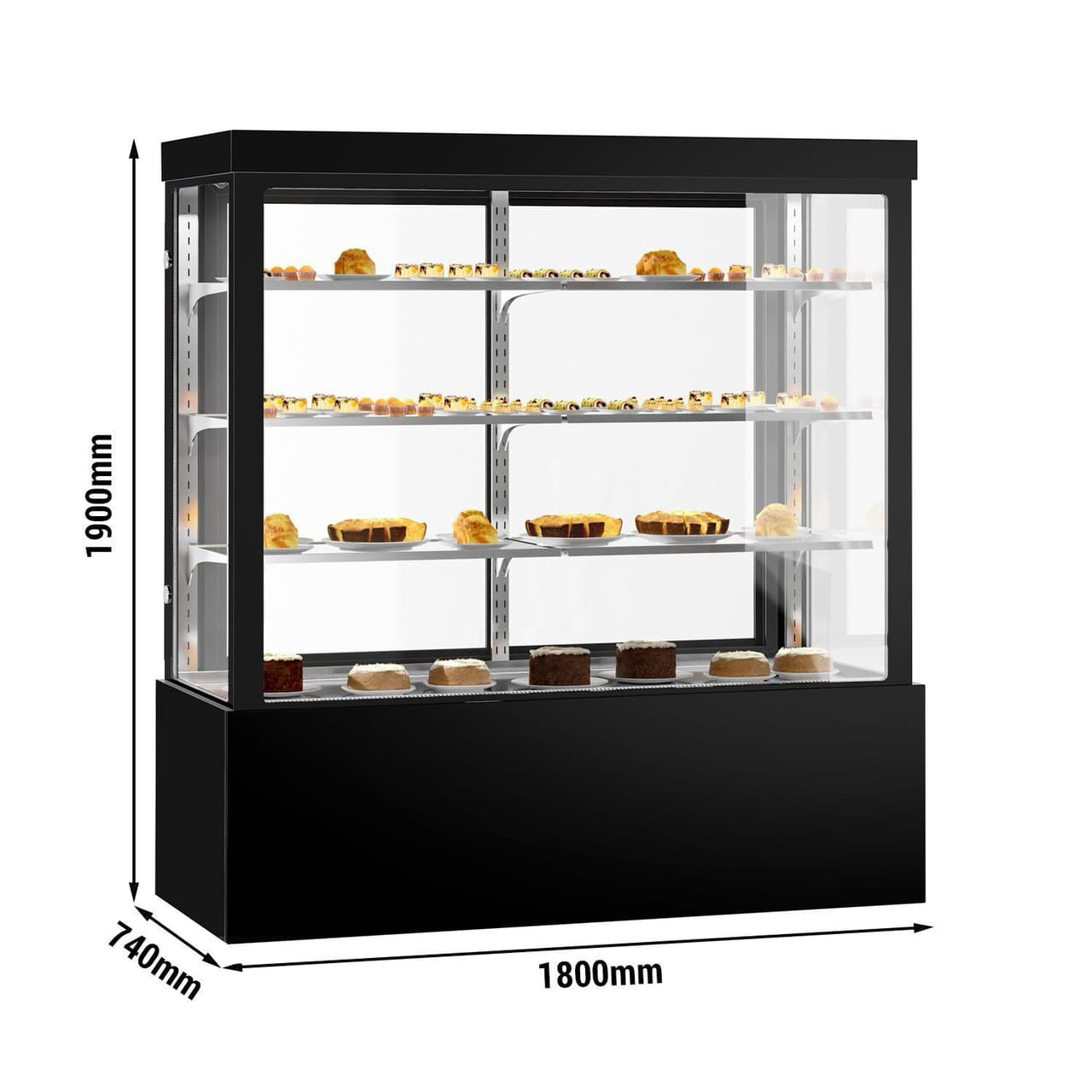 Kühl- & Kuchenvitrine - 1800mm - Doppelverglasung - mit 3 Ablagen - Spiegelfront - Schwarz