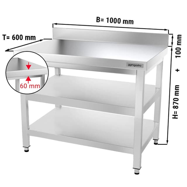 Edelstahl Arbeitstisch PREMIUM - 1000x600mm - mit Grundboden, Aufkantung & Zwischenboden