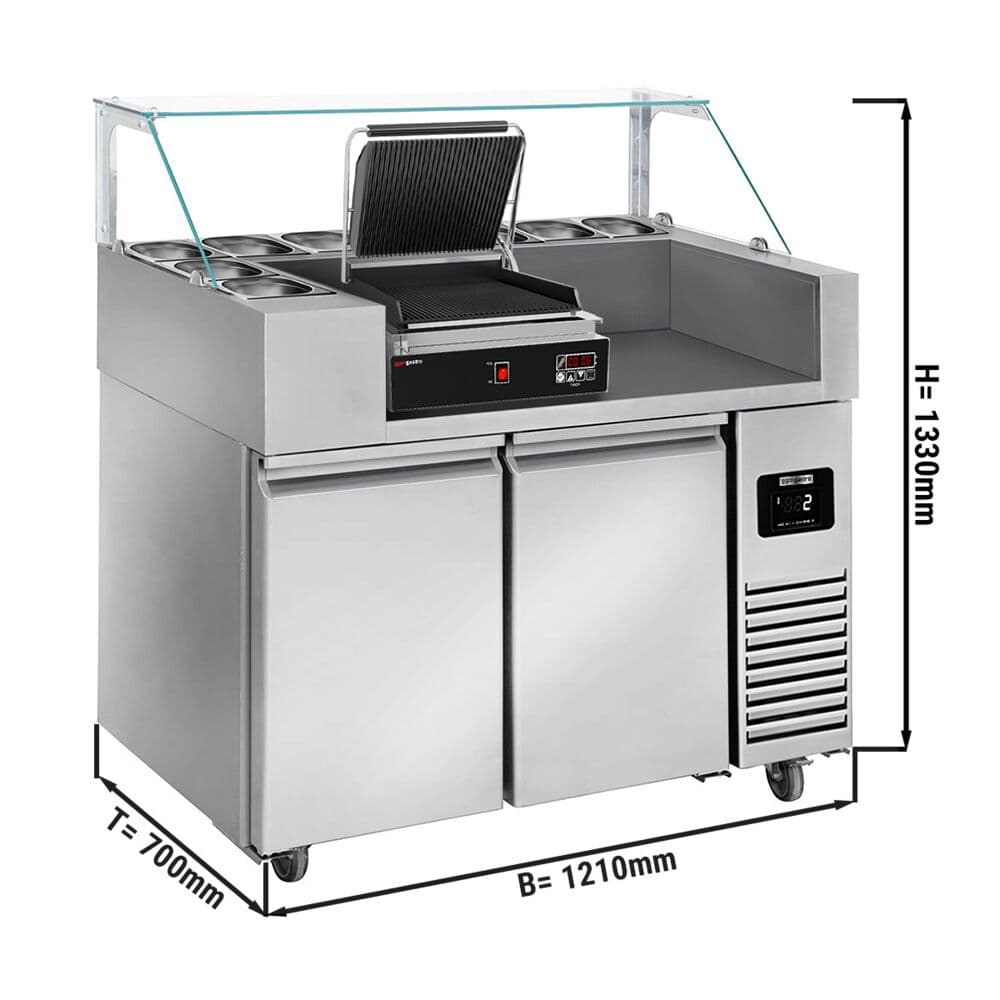 Zubereitungstisch - 1210mm - 2 Türen - für 9x GN 1/6 - inkl. Digitalem Kontaktgrill