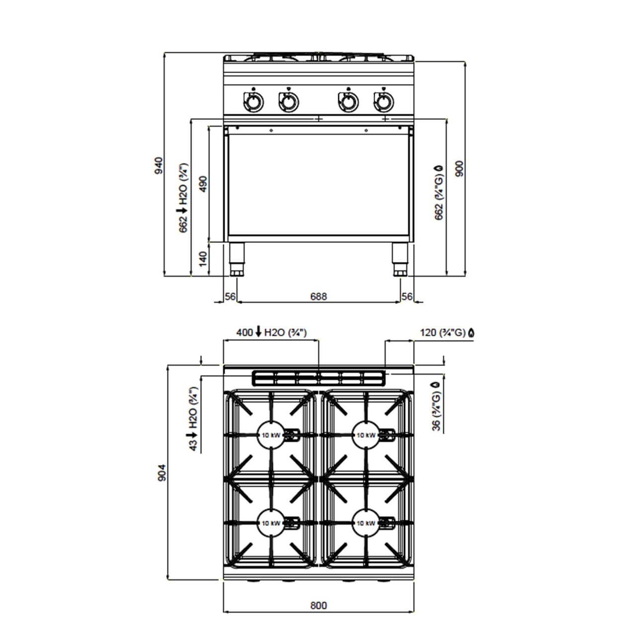 Gasherd - mit 4 Brennern - 40 kW - Hochleistungsmodell