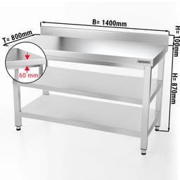 Edelstahl Arbeitstisch PREMIUM - 1400x800mm - mit Grundboden, Aufkantung & Zwischenboden