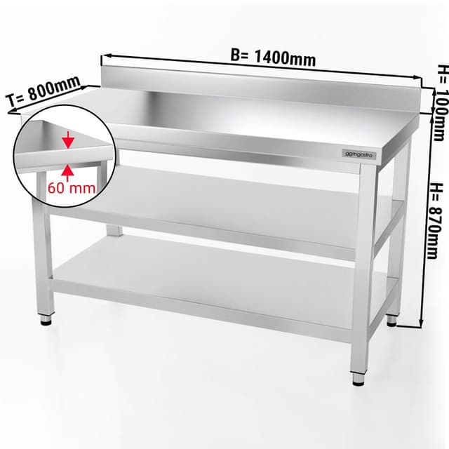 Edelstahl Arbeitstisch PREMIUM - 1400x800mm - mit Grundboden, Aufkantung & Zwischenboden