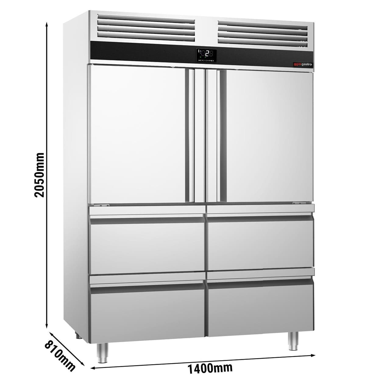 Kühlschrank Edelstahl PREMIUM - GN 2/1 - 1400 Liter - mit 2 Halbtüren & 4 Schubladen