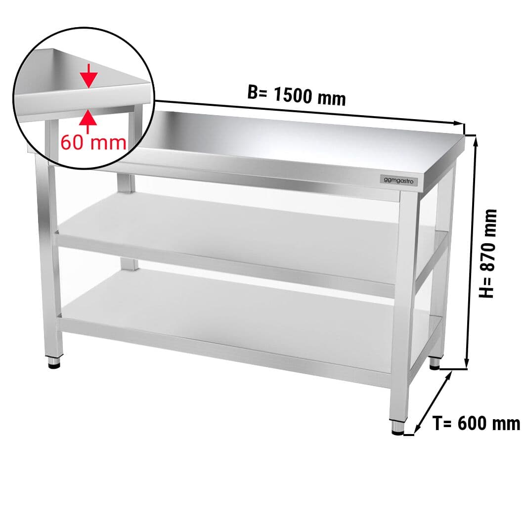 Edelstahl Arbeitstisch PREMIUM - 1500x600mm - mit Grundboden & Zwischenboden