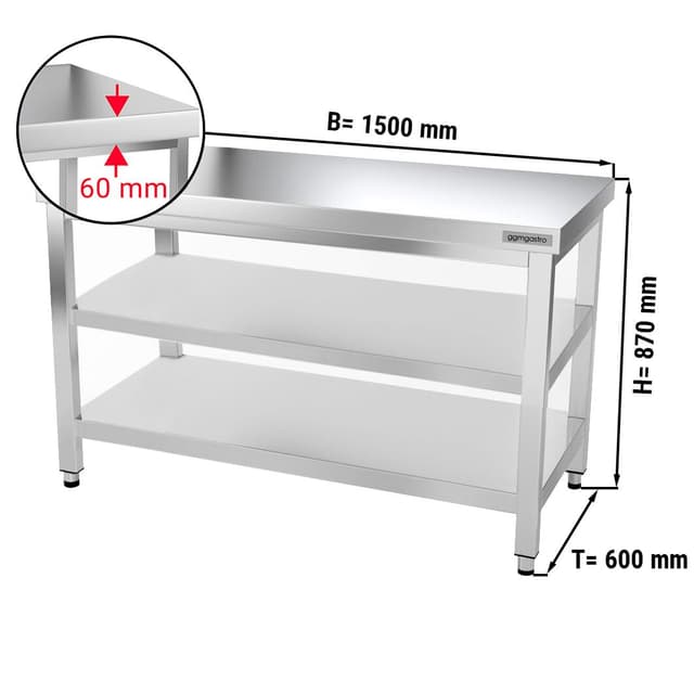 Edelstahl Arbeitstisch PREMIUM - 1500x600mm - mit Grundboden & Zwischenboden