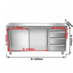 Edelstahl Arbeitsschrank PREMIUM - 2000x600mm - mit 3 Schubladen rechts ohne Aufkantung