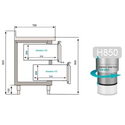 Kühltisch Premium PLUS - 1468x700mm - mit 1 Tür & 2 Schubladen & mit Aufkantung