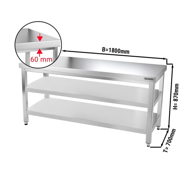 Edelstahl Arbeitstisch PREMIUM - 1800x700mm - mit Grundboden & Zwischenboden