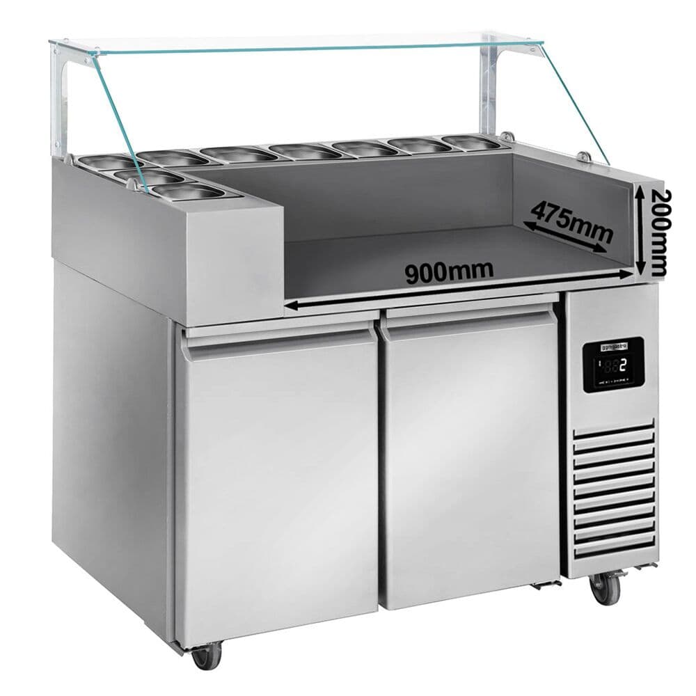 Zubereitungstisch - 1210mm - 2 Türen - für 9x GN 1/6 - inkl. Kontaktgrill & Hamburgermaschine