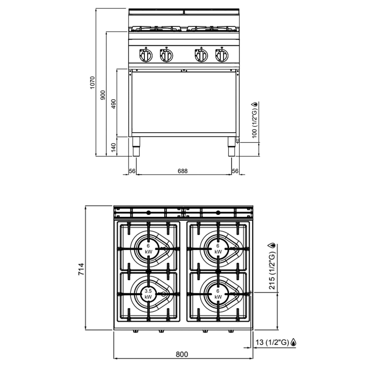 Gasherd - 21,5 kW - 4 Brenner