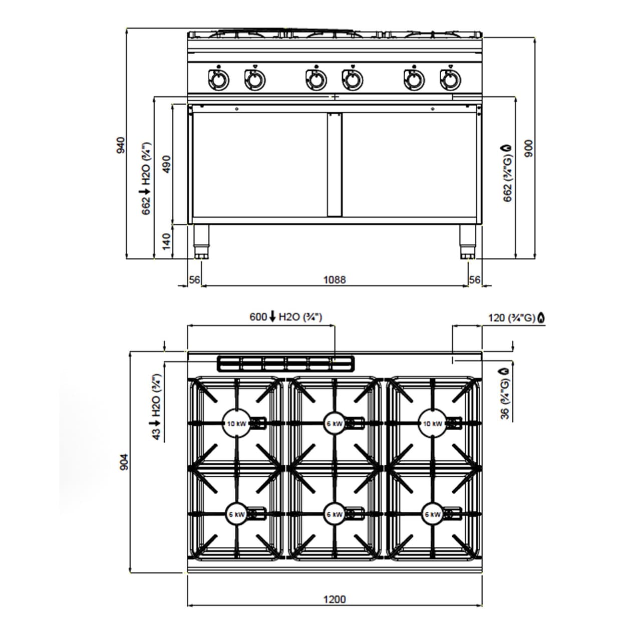 Gasherd - mit 6 Brennern - 44 kW