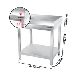 Edelstahl Arbeitstisch PREMIUM - 600x600mm - mit Grundboden & Aufkantung hinten + rechts