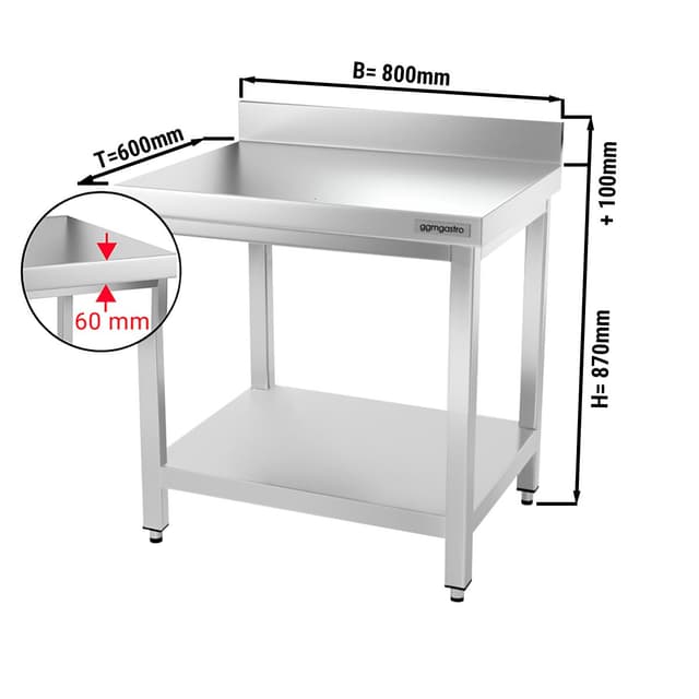 Edelstahl Arbeitstisch PREMIUM - 800x600mm - mit Grundboden & Aufkantung