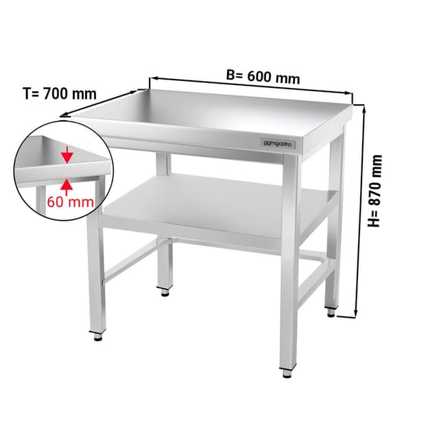 Edelstahl Arbeitstisch PREMIUM - 600x700mm - mit Grundboden & Verstrebung