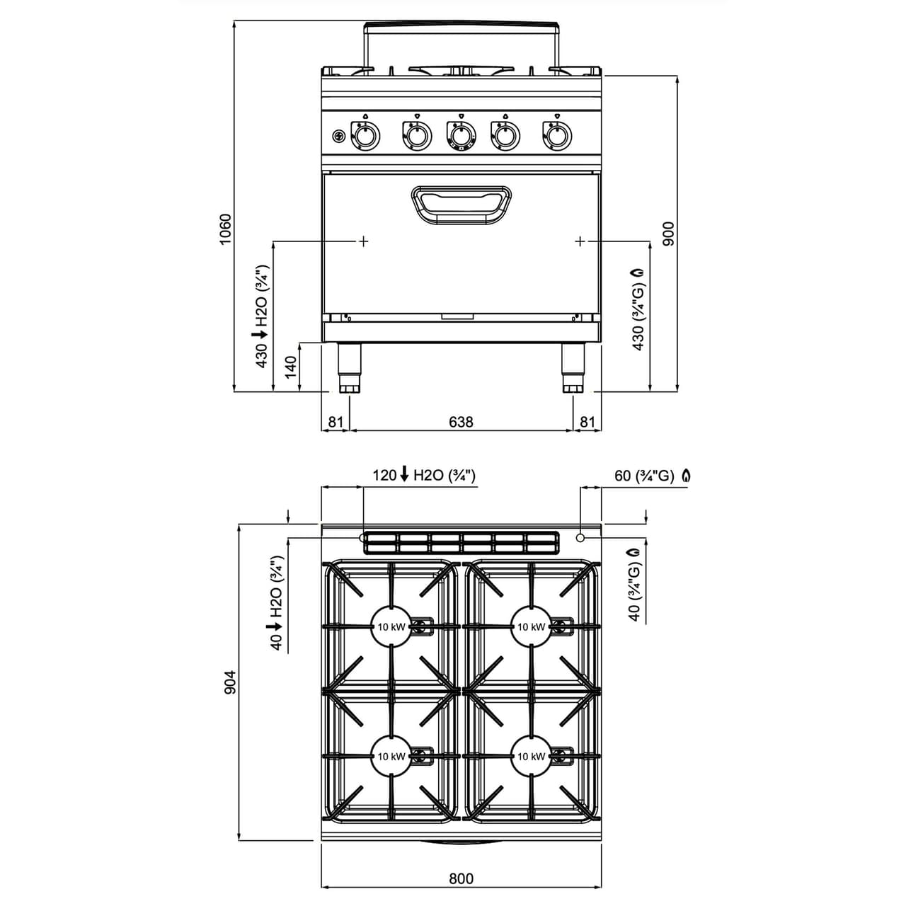 Gasherd - mit 4 Brennern - 40 kW - inkl. Gasbackofen - 7,8 kW - Hochleistungsmodell