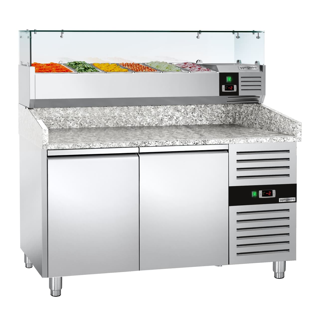 Pizzakühltisch ECO - 1500x800mm - mit 2 Türen - inkl. Kühlaufsatzvitrine - 6x GN 1/3