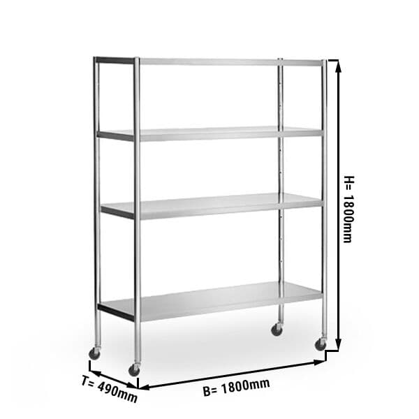 Edelstahlregal PREMIUM - 1800x490mm - mit 4 Ablagen (VERSTELLBAR) - inkl. 4 Rollen