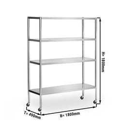 Edelstahlregal PREMIUM - 1800x490mm - mit 4 Ablagen (VERSTELLBAR) - inkl. 4 Rollen