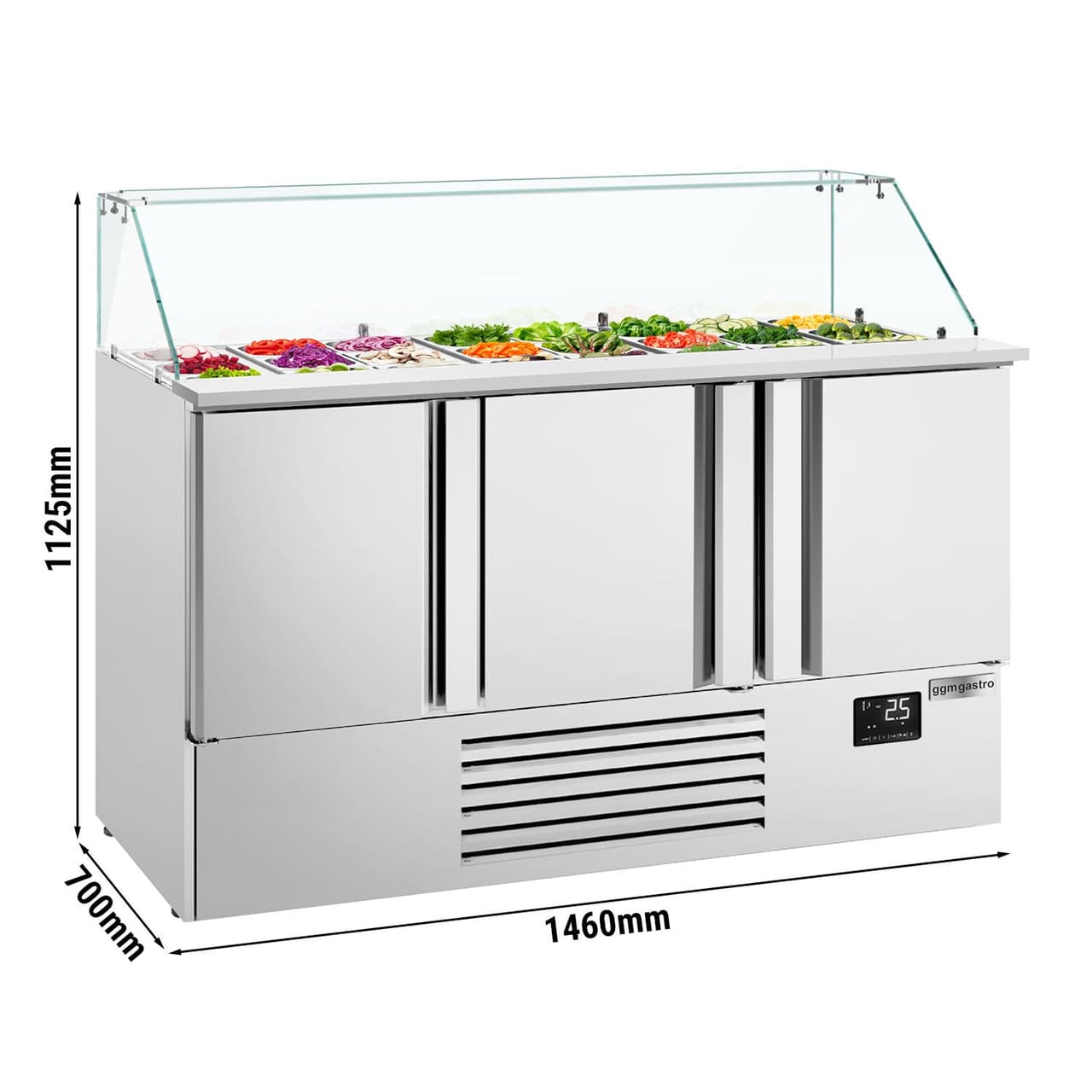 Saladette Premium PLUS - 1460mm - 3 Türen - mit Glasaufsatz für 9x GN 1/3 & 6x 1/6 GN