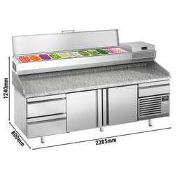 Pizzakühltisch Premium PLUS - 2305x800mm - mit 2 Türen & 2 Schubladen - inkl. Kühlaufsatzvitrine - 11x GN 1/4