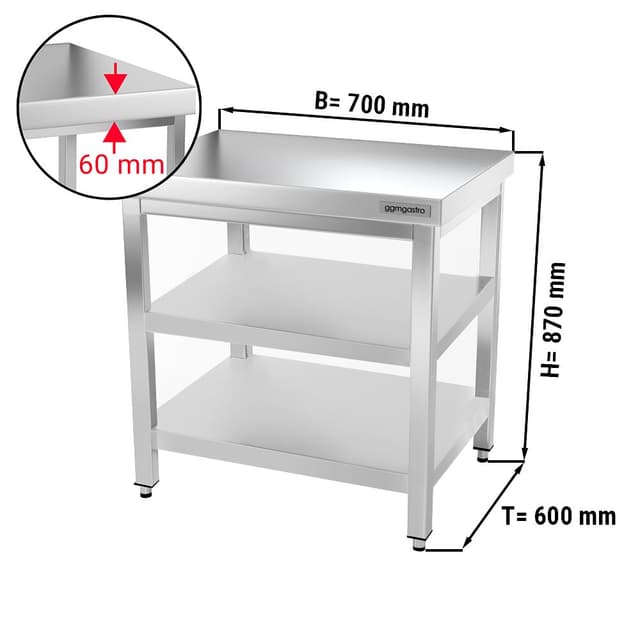 Edelstahl Arbeitstisch PREMIUM - 700x600mm - mit Grundboden & Zwischenboden