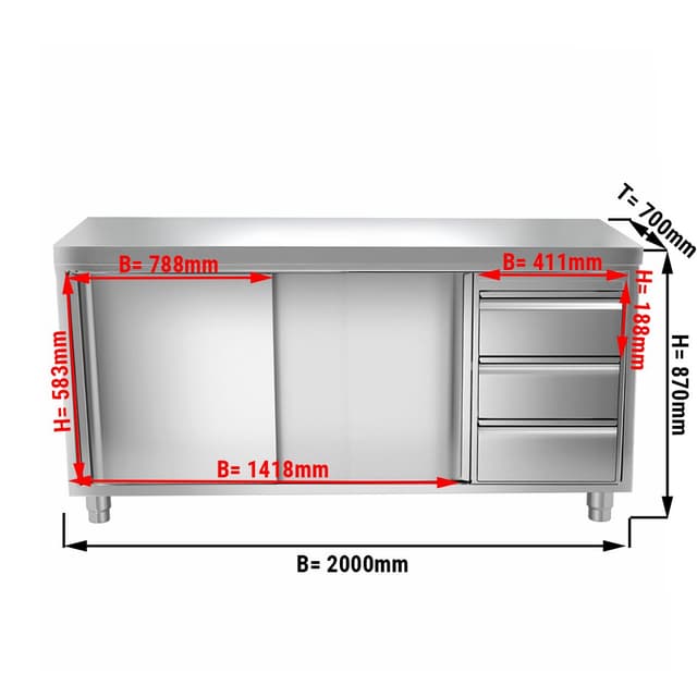 Edelstahl Arbeitsschrank PREMIUM - 2000x700mm - mit 3 Schubladen rechts ohne Aufkantung