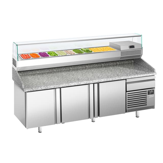 Pizzakühltisch Premium PLUS - 2305x800mm - mit 3 Türen - inkl. Kühlaufsatzvitrine - 10x GN 1/3