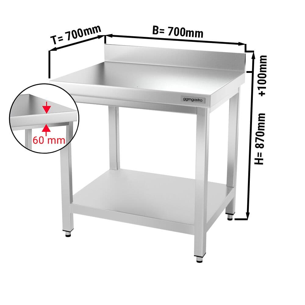 Edelstahl Arbeitstisch PREMIUM - 700x700mm - mit Grundboden & Aufkantung