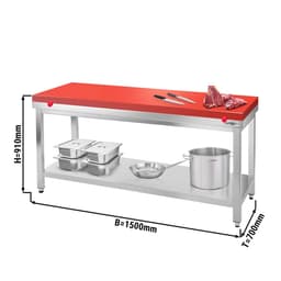 Edelstahl Arbeitstisch PREMIUM - 1500x700mm - mit Grundboden ohne Aufkantung inkl. Schneideplatte