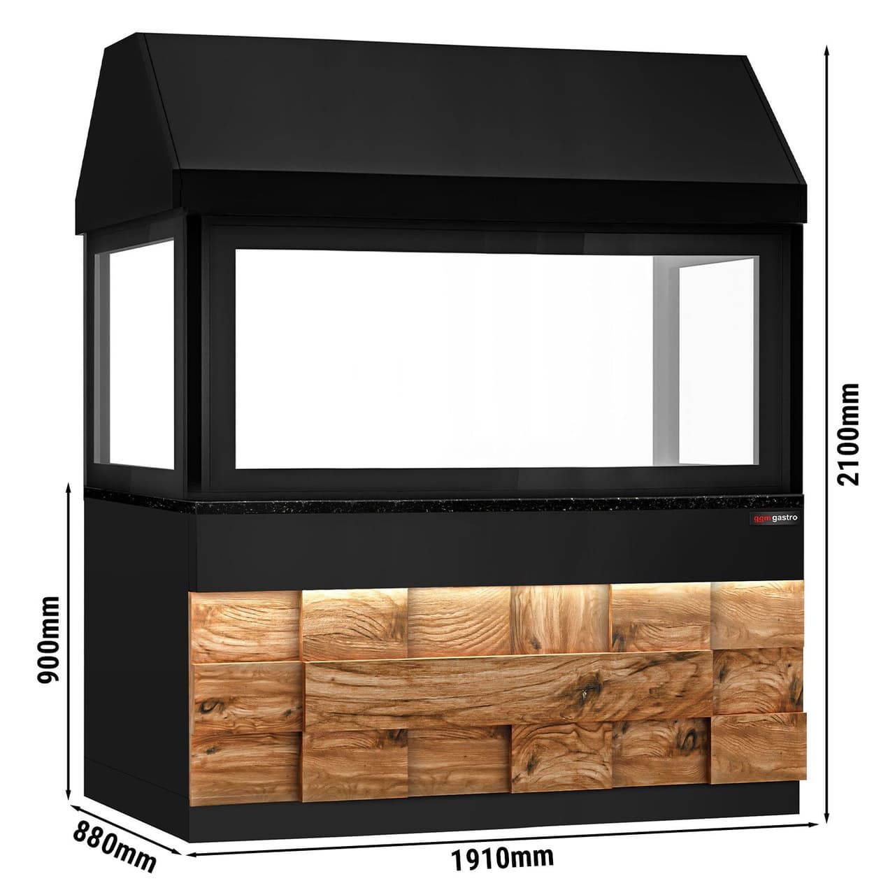 Holzkohlegrill TORONTO - 1900mm - Holzfront - schwarze Granit-Arbeitsplatte - Hitzeschutzglas