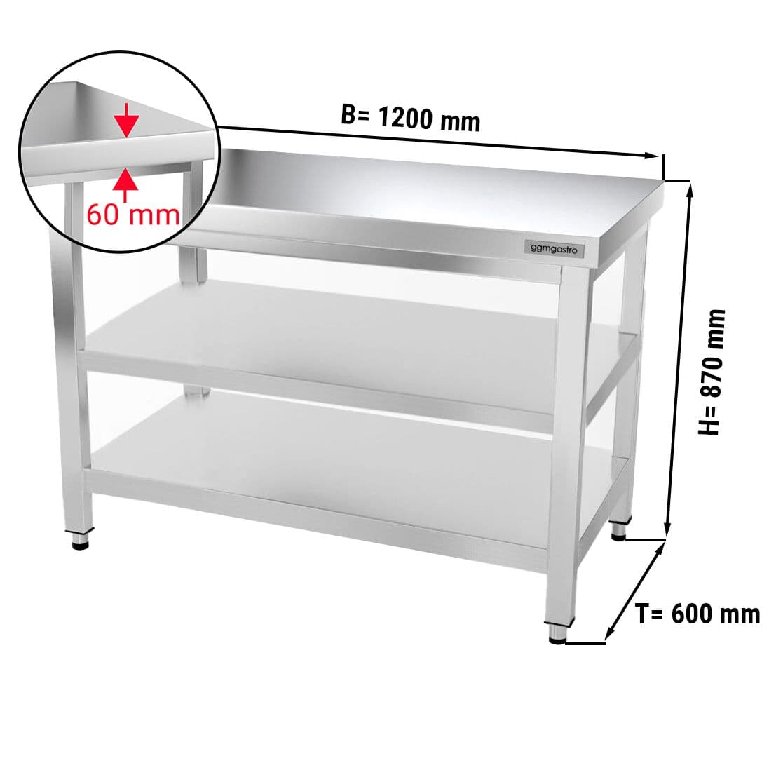 Edelstahl Arbeitstisch PREMIUM - 1200x600mm - mit Grundboden & Zwischenboden