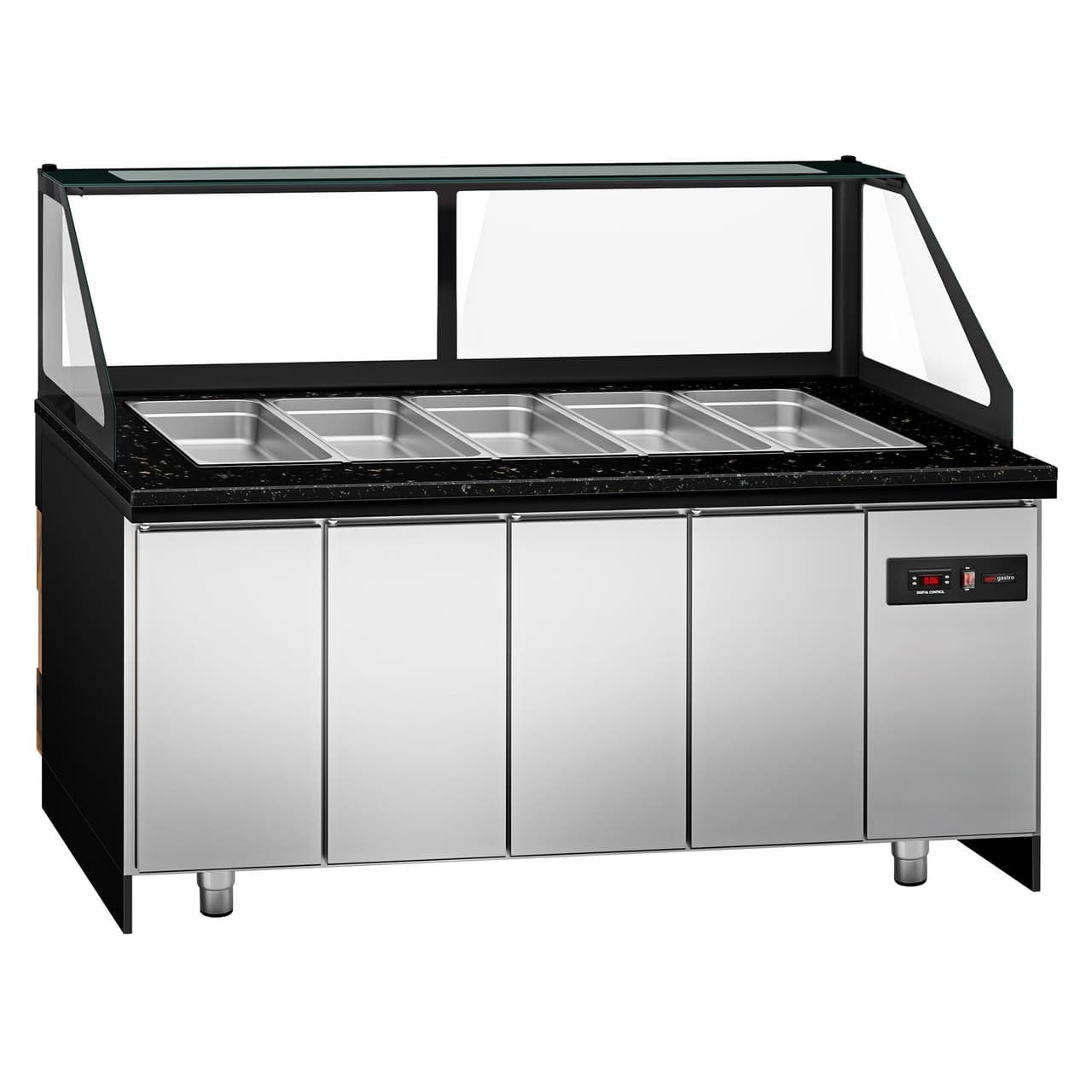 Saladette TORONTO - 2000mm - schwarze Front - 3 Türen - für 5x GN 1/1 - schwarze Granit-Arbeitsplatte